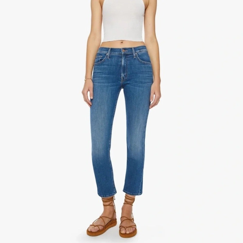 Mother The Mid Rise Rider Ankle Jeans Right On! Blue Raw Hem Size 27